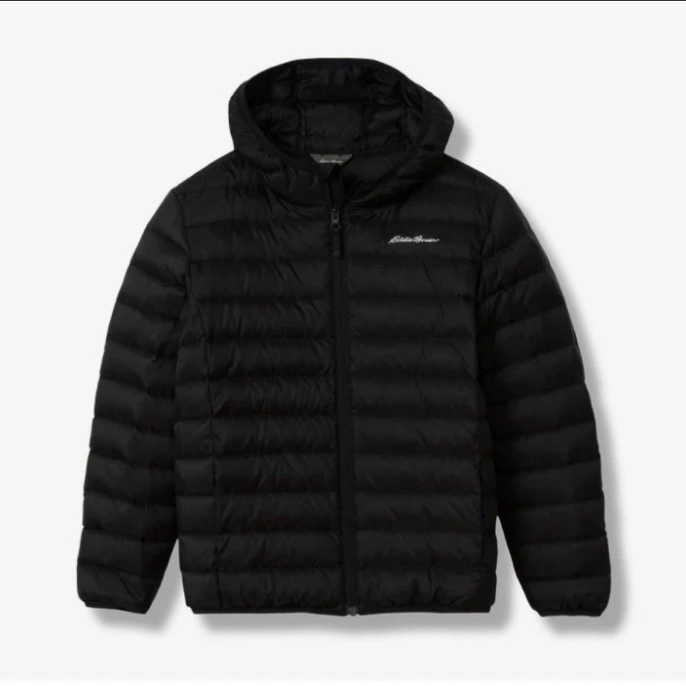 Eddie Bauer CirrusLite 650 Down Filled Puffer Jacket Boys L 14 Hooded Black EUC